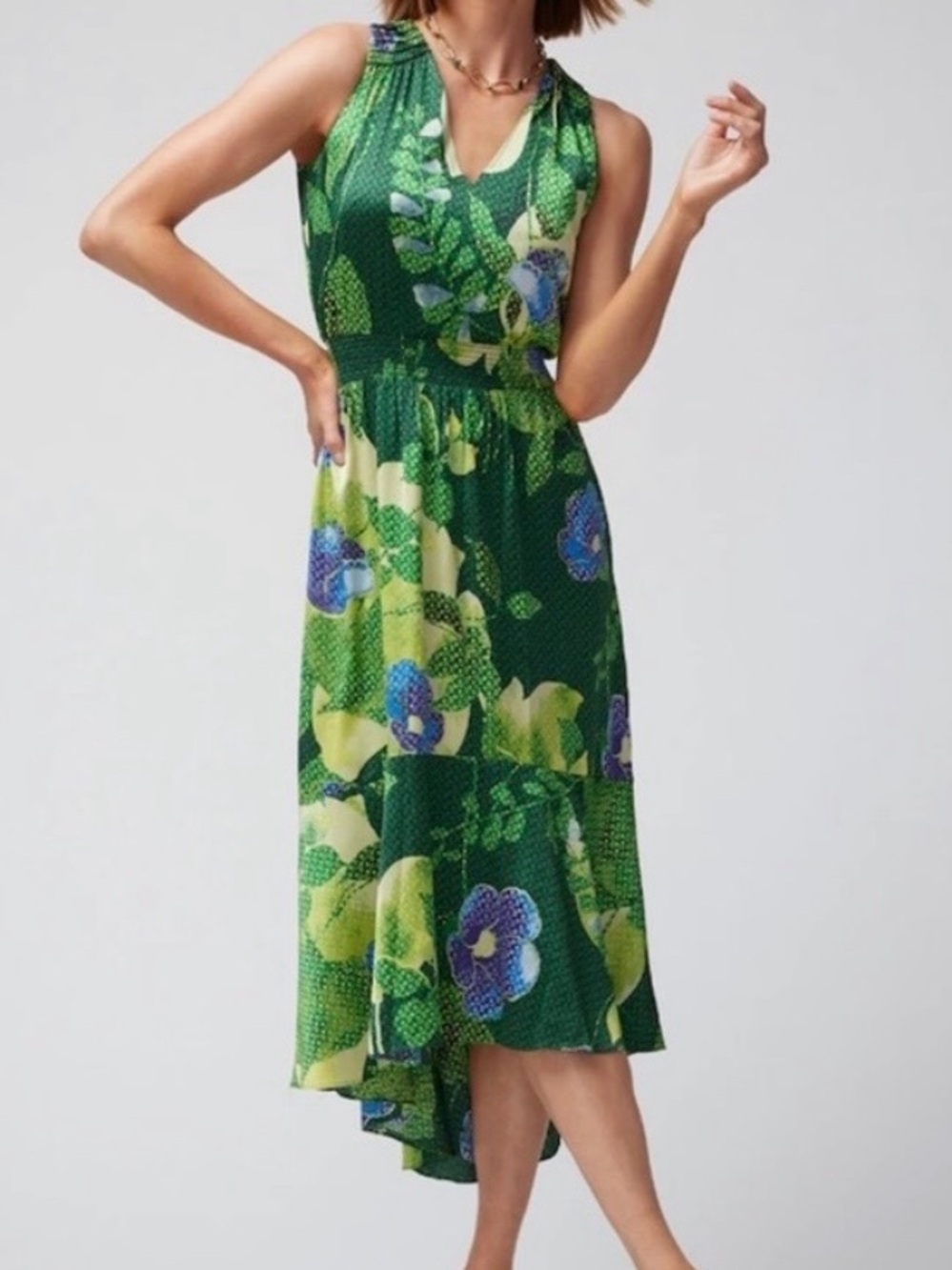 White House Black Market Green Floral V-Neck Midi Dress with Blue Flowers